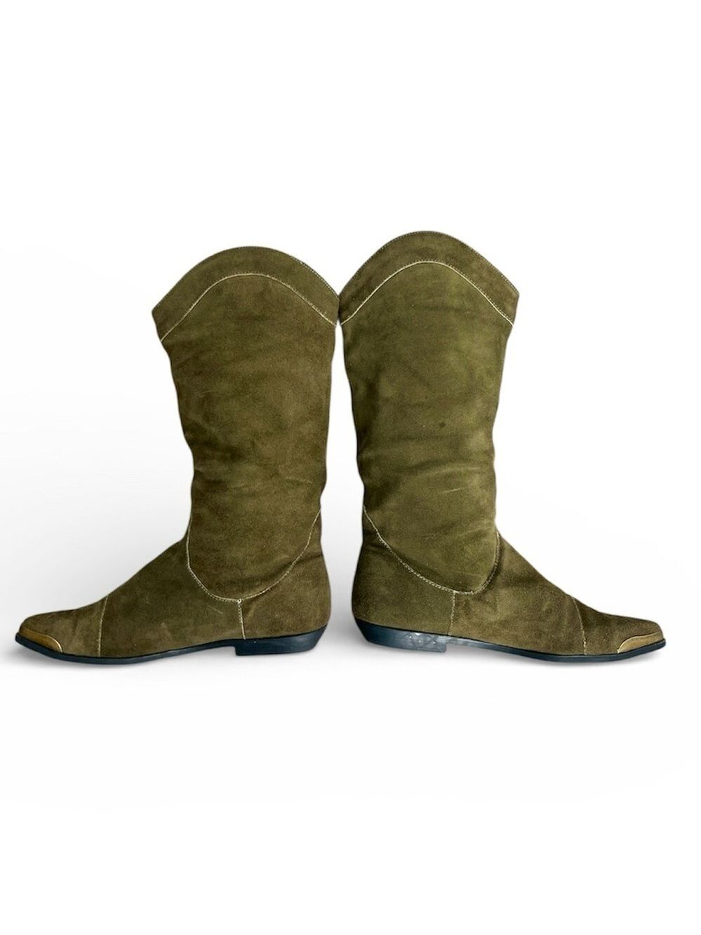 Vtg 80s Kaufman Canada green suede embroidered tassel western mid calf boots 8 - Picture 4 of 15
